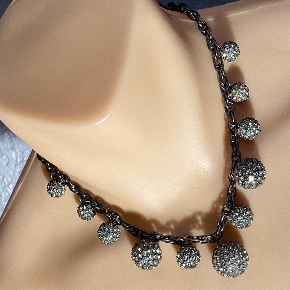 UNSIGNED - vintage heavy necklace w 11 graduating rhinestone balls, adjustable